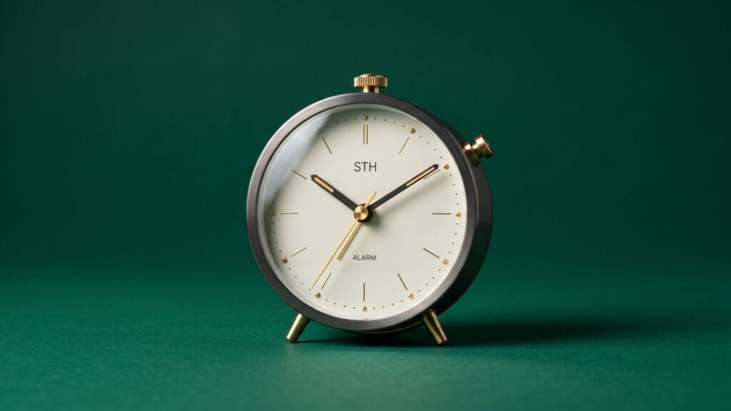 Um despertador minimalista vintage com detalhes dourados em um fundo fosco verde escuro, simbolizando a perda de sono causada pela dor na lateral do quadril ao deitar.