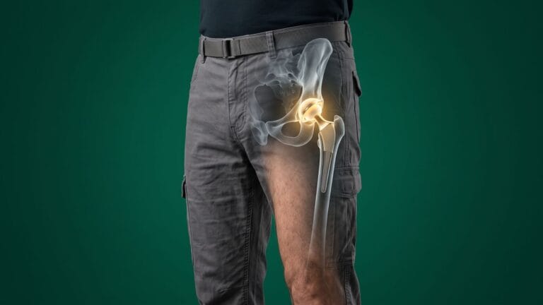 Pessoa em pé com ilustração anatômica do quadril destacando uma prótese total de quadril implantada na articulação.
