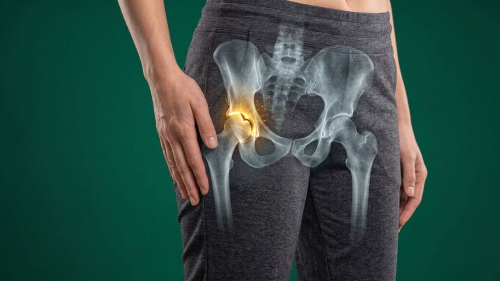 Pessoa com a mão sobre o quadril e ilustração anatômica destacando uma lesão no labrum da articulação do quadril.