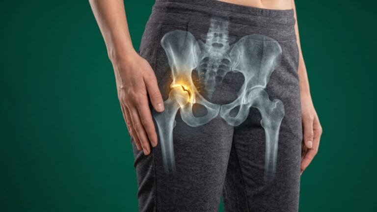 Pessoa com a mão sobre o quadril e ilustração anatômica destacando uma lesão no labrum da articulação do quadril.