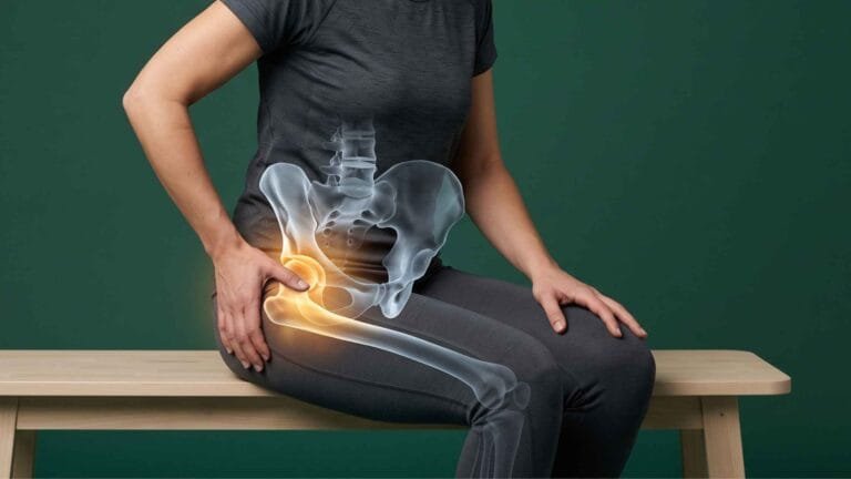 Pessoa sentada em um banco segurando a lateral do quadril com sobreposição 3D de raio-X da bacia e fêmur iluminados por um brilho dourado sobre fundo verde escuro.