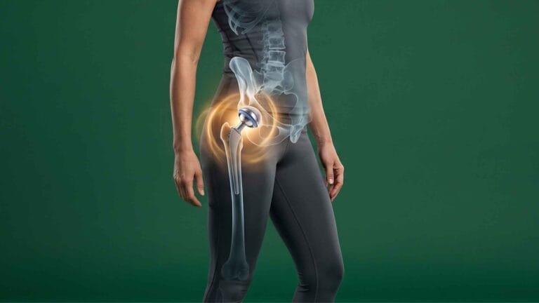 Mulher em pé com sobreposição 3D de prótese total de quadril e bacia envolvidos por um halo dourado sobre fundo verde escuro.
