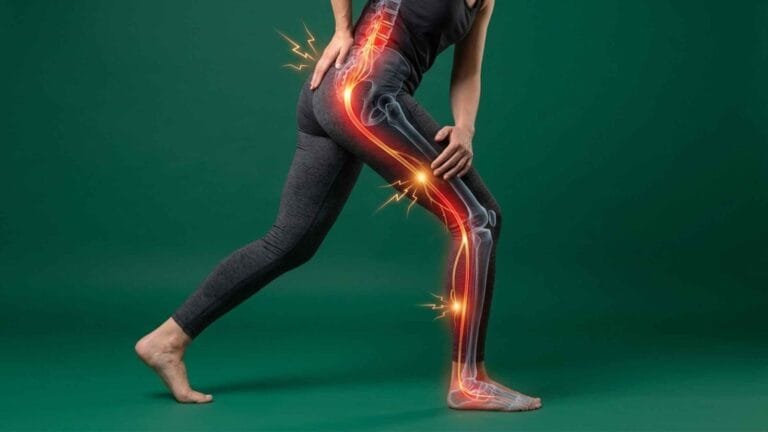 Mulher inclinada com dor segurando a lombar e o joelho, com raio-X 3D e linha luminosa vermelha e dourada indicando dor irradiada pela perna sobre fundo verde escuro.