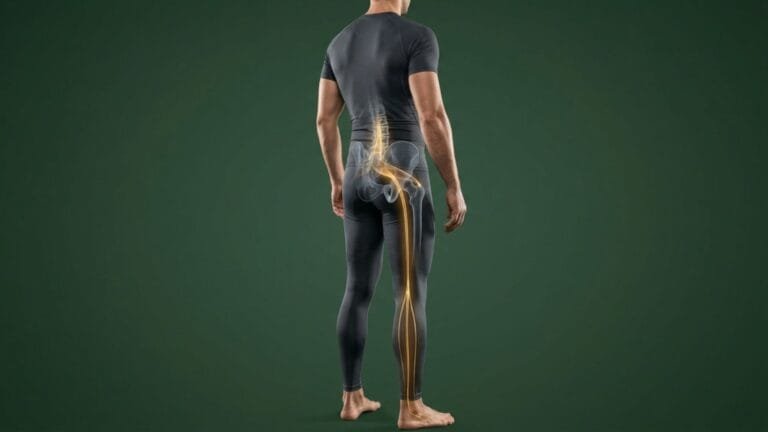 Homem em vista posterior com roupa desportiva cinzenta sobre fundo verde escuro, exibindo sobreposição anatómica em raio-x da coluna lombar, bacia e trajeto do nervo ciático a brilhar em tom âmbar ao longo de toda a perna.