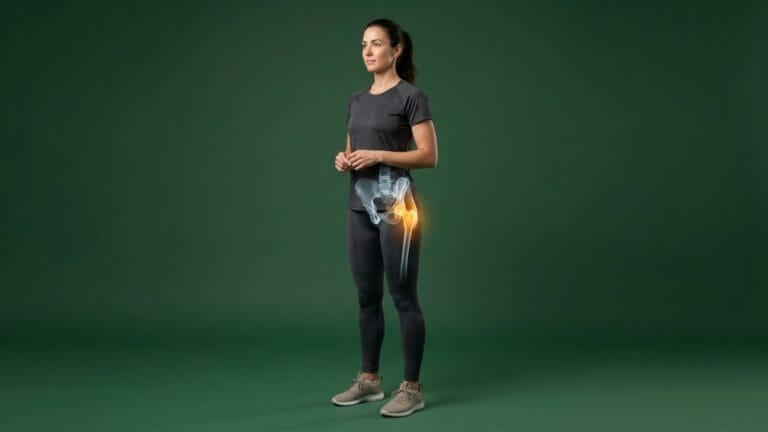 Mulher atleta em postura ereta em estúdio com fundo verde, apresentando sobreposição anatómica em raio-x da bacia e articulação da anca com ponto luminoso dourado e âmbar na cabeça femoral e trocanter.